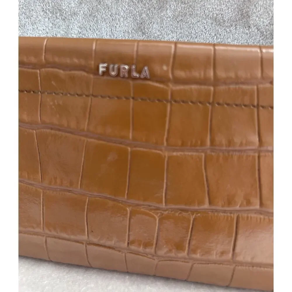 Furla Alligator Embossed Leather Slim Wallet in Cognac, Snap Closure
